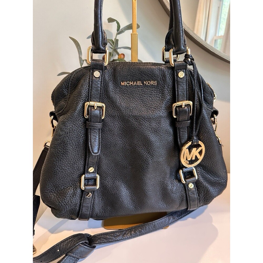 Michael Kors Bedford Black Pebbled Leather Satchel Crossbody Bag Gold Hardware - Picture 2 of 16